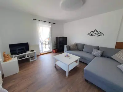 a living room with a couch and a tv at APARTMENT WITH A VIEW in Bohinjska Bistrica