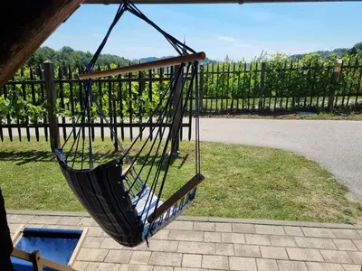 a hammock hanging from a porch with a yard at Počitniška hišica Žagar in Podčetrtek