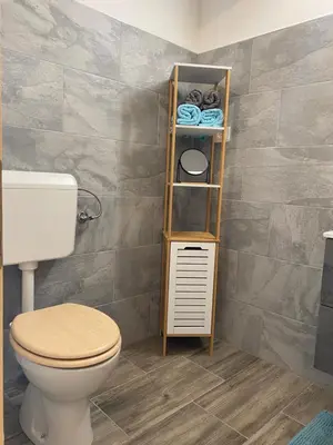 a bathroom with a toilet and a shelf with towels at Apartma Stres in Bovec