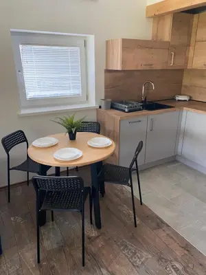 a kitchen with a table and chairs and a sink at Apartma Stres in Bovec