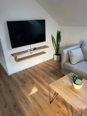 a living room with a flat screen tv on a wall at Apartma Guide 360 in Bovec