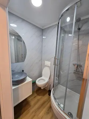 a bathroom with a shower and a toilet and a sink at Delux apartment ARSO in Velenje