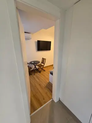 a hallway with a room with a table and a television at Delux apartment ARSO in Velenje