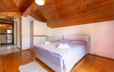 a bedroom with a bed with a wooden ceiling at Stunning Apartment In Divaca With Wifi in Divača