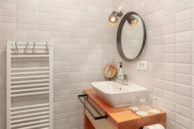 a bathroom with a sink and a mirror at Turistična kmetija Marovt in Bled