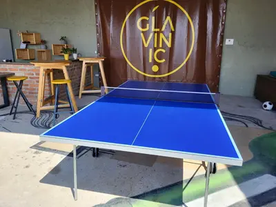 a blue ping pong table in front of a sign at Wine paradise Glavinič in Miklavž pri Ormožu