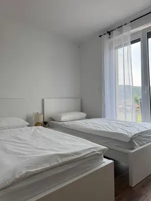 two beds in a white room with a window at Apartment ZEN in Zgornje Škofije