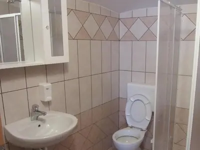 a bathroom with a toilet and a sink at Rooms Pri Lovrižu in Kobarid