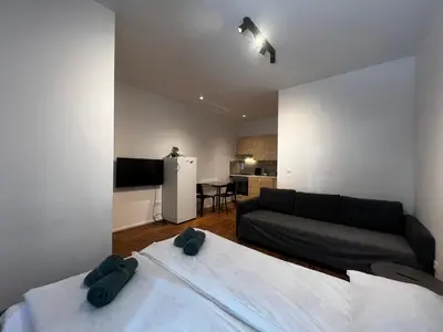 a living room with two beds and a couch at Ljubljana studios in Ljubljana