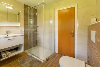 a bathroom with a shower and a toilet and a sink at Apartmaji Arh Matilda in Bohinj