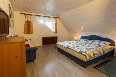 a bedroom with a bed and a couch in a room at Apartmaji Arh Matilda in Bohinj