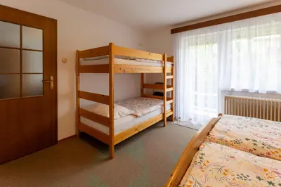 a bedroom with two bunk beds and a door at Apartmaji Arh Matilda in Bohinj