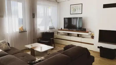 a living room with a couch and a flat screen tv at Yellow House Grabrovec in Metlika