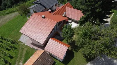an overhead view of a house with red roofs at ApartmaVid in Podbočje