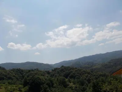a view of a valley with trees and mountains at ApartmaVid in Podbočje