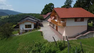 a house with a red roof on a hill at ApartmaVid in Podbočje