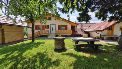 a backyard with a picnic table and a house at ApartmaVid in Podbočje