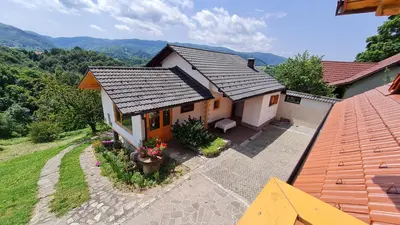 an aerial view of a house with mountains in the background at ApartmaVid in Podbočje