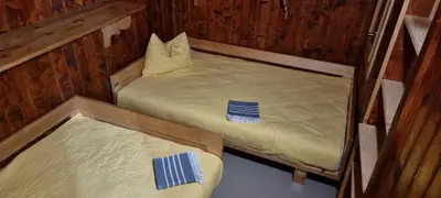 two twin beds in a room with wooden walls at Koča Pastirica - Velika planina in Stahovica