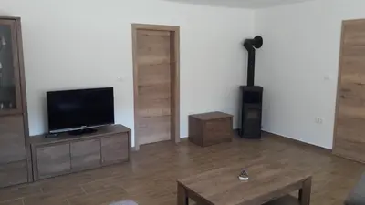 a living room with a flat screen tv and a fireplace at Apartma Sterle in Stari Trg pri Ložu