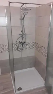 a shower with a glass door in a bathroom at Apartma Sterle in Stari Trg pri Ložu
