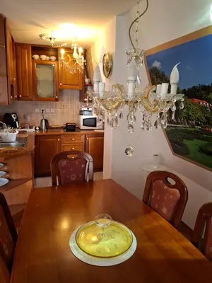 a dining room table with a yellow plate on it at VILLA GOLF Crystal Drop Apartment in Rogaška Slatina