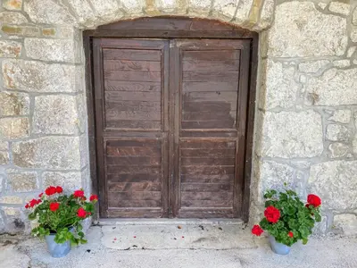 a wooden door in a stone wall with two red flowers at Martinka apartments in Jelšane