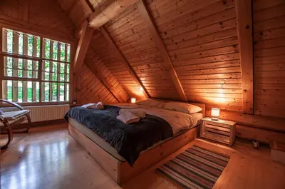 a bedroom with a bed in a wooden cabin at Boutique House Vresje in Bohinjska Bistrica