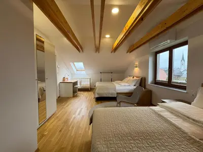 a bedroom with two beds and a window at ANMARI Apartment & Rooms in Radovljica