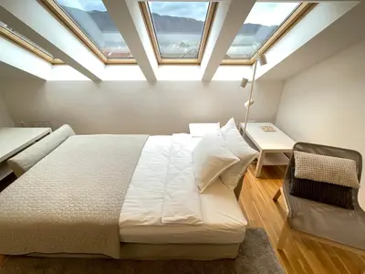 a bedroom with a bed and a table and skylight at ANMARI Apartment & Rooms in Radovljica