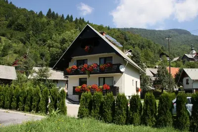 a house with flower boxes on the window at Apartments & Rooms Stare in Bohinj