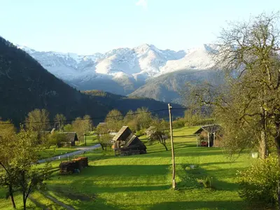a green field with snow covered mountains in the background at Apartments & Rooms Stare in Bohinj