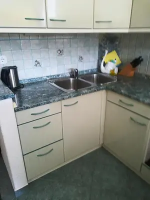a kitchen with a sink and a counter top at Apartments & Rooms Stare in Bohinj