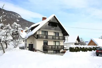 a man standing in front of a house covered in snow at Apartments & Rooms Stare in Bohinj
