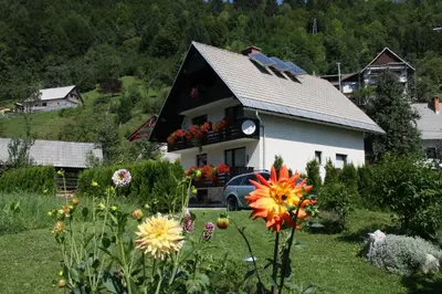 a house with a flower garden in front of it at Apartments & Rooms Stare in Bohinj