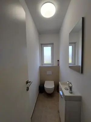 a bathroom with a toilet and a sink and a mirror at Apartments Marica in Kranjska Gora
