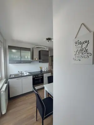 a kitchen with a sink and a table with a chair at Apartments Marica in Kranjska Gora