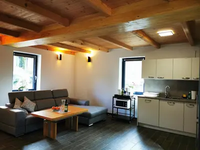 a living room with a couch and a table and a kitchen at Holiday Home - Goričko Park in Kobilje