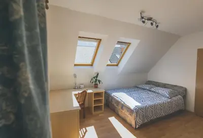 a bedroom with a bed and a desk in a attic at Apartment Amak with free onsite parking in Bovec