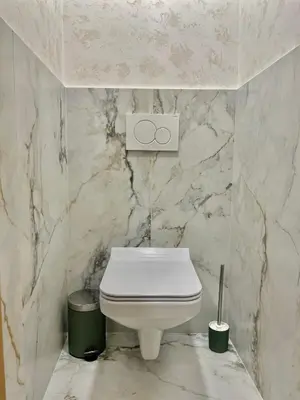 a white toilet in a bathroom with marble walls at Čebelnk: sanjska hišica 4 km od Bleda in Lesce