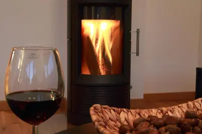 a glass of wine next to a wood stove at Apartments Vila Jelka in Bohinj