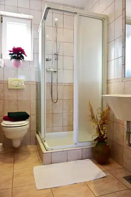 a bathroom with a shower and a toilet and a sink at Sobe - Rooms Stremljan Ljubljana in Medvode
