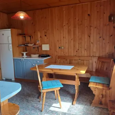 a kitchen with a wooden table and a refrigerator at Kiara Apartments & Rooms in Jesenice
