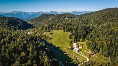 an aerial view of a house in the middle of a forest at Domačija Gačnik in Idrija