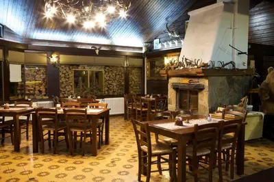 a restaurant with wooden tables and chairs and a fireplace at Holiday House Radovna Bled in Zgornje Gorje