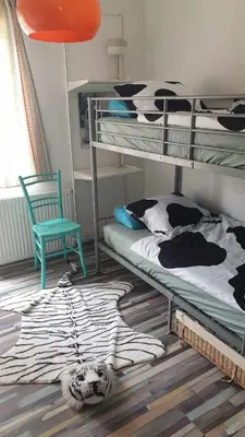 a bedroom with two bunk beds and a dog on the floor at Pr' Šovarjo in Zgornje Gorje
