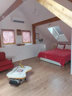 a bedroom with a red bed and a red couch at Pr' Šovarjo in Zgornje Gorje