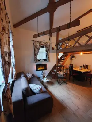 a living room with a couch and a fireplace at Studio Srce in Kranjska Gora