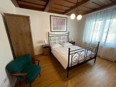 a bedroom with a bed and a chair at Apartmaji Iva in Bled