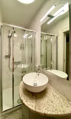 a bathroom with a sink and a shower at Ars Longa apartments in Ljubljana